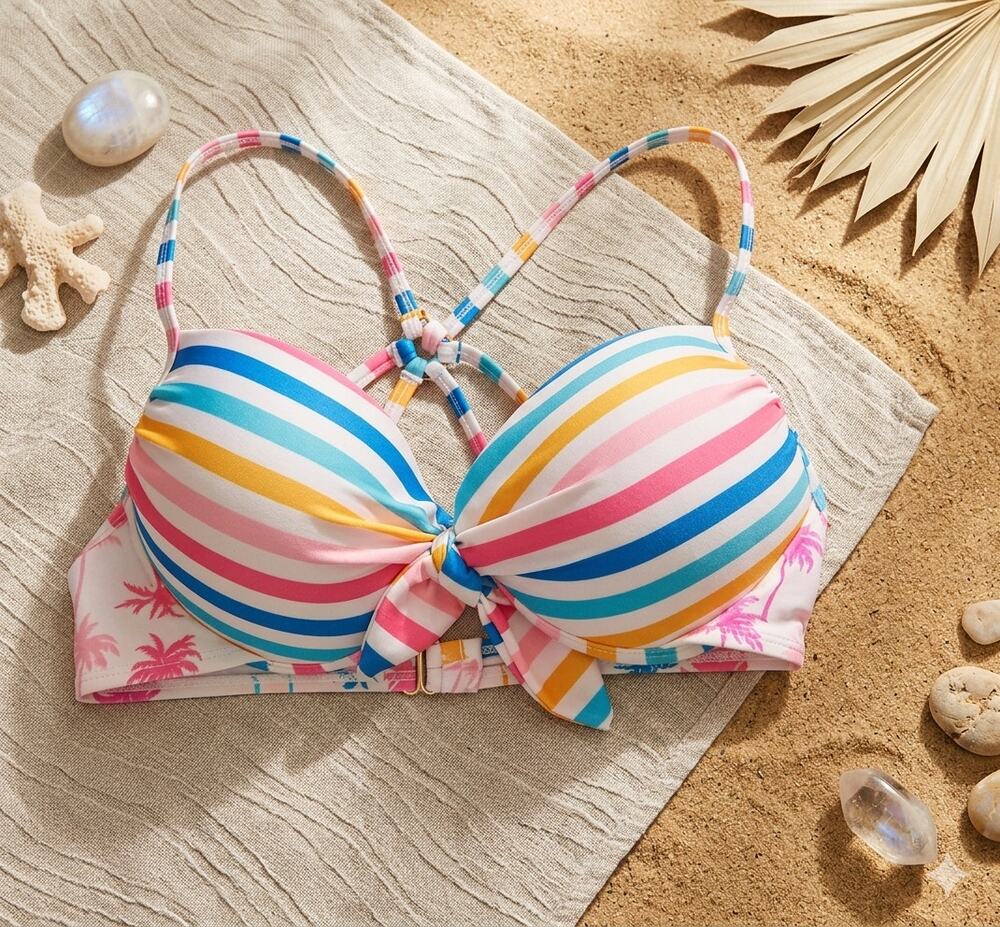 Hot Water Colorful Push Up Bikini Top - Size L - NWT - Striped Strappy Back